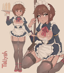  absurdres alternate_costume apron black_dress blush breasts brown_background brown_eyes brown_thighhighs cafin character_name cleavage commentary dress english_commentary enmaided female freckles frilled_dress frills hair_between_eyes hand_up highres holding holding_tray juliet_sleeves large_breasts league_of_legends long_sleeves maid microdress multiple_views puffy_sleeves shiny_skin short_dress short_hair simple_background taliyah thighhighs tray waist_apron white_apron zettai_ryouiki 