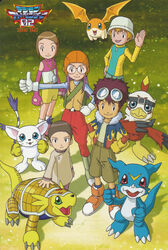  armadillomon bandai_namco brown_hair clothing cody_hida davis_motomiya digimon digimon_(species) digimon_adventure_02 eyewear female gatomon gesture glasses gloves goggles group hair handwear hawkmon hi_res hikari_kamiya human inoue_miyako jacket lolicon male mammal official_art patamon salute smile takeru_takaishi topwear veemon young 