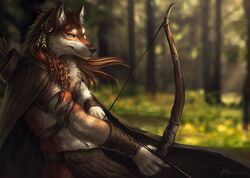  2020 5_fingers anthro black_nose blue_eyes blurred_background bow_(weapon) brown_body brown_fur canid canine canis day detailed_background digital_media_(artwork) ear_piercing ear_ring fingers forest fur grass grin holding_bow_(weapon) holding_object holding_ranged_weapon holding_weapon looking_at_viewer male mammal miles_(miles-wolf) outside piercing plant ranged_weapon ring_piercing smile solo tree weapon wolf yasmil 