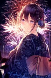  absurdres bad_id bad_pixiv_id black_hair black_kimono blurry blurry_background blush braid female fireworks floral_print flower hair_bun hair_flower hair_ornament highres japanese_clothes kimono kuro_namako long_hair long_sleeves looking_at_viewer looking_back night obi original outdoors purple_eyes sash single_hair_bun sky smile solo yukata 