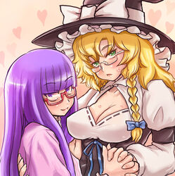  2girls bespectacled black_headwear blonde_hair blue_bow blunt_bangs blush bow braid breasts cleavage cleavage_cutout closed_mouth clothing_cutout commentary_request cookie_(touhou) dress glasses green_eyes hairbow hat hat_bow heart heart_background holding_hands interlocked_fingers kirisame_marisa long_hair looking_at_viewer mars_(cookie) medium_breasts multiple_girls otemoto_(baaaaloooo) patchouli_knowledge purple_dress purple_eyes purple_hair red-framed_eyewear semi-rimless_eyewear side_braid single_braid smile taisa_(cookie) touhou under-rim_eyewear underbust upper_body white_bow white_dress witch_hat yuri 