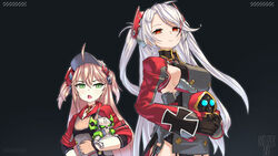  2girls absurdres adeptus_mechanicus admiral_hipper_(azur_lane) antenna_hair armpit_cutout armpits artificial_eye azur_lane black_background blonde_hair blue_eyes breasts choker cloak clothing_cutout commission cross crossover cyborg glowing glowing_eyes green_eyes hat headgear highres hood hooded_cloak iron_cross kreuzer_00 long_hair mechanical_eye mole mole_on_breast multicolored_hair multiple_girls necron oerba_yun_fang orange_eyes peaked_cap prinz_eugen_(azur_lane) red_cloak robot side_cutout sideboob skin_fang streaked_hair techpriest twitter_username two_side_up warhammer_40k white_hair 