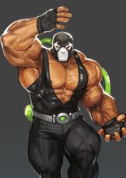  1boy abs absurdres armpits bane bara bare_pectorals batman_(series) belt biceps covered_abs dark-skinned_male dark_skin dc_comics gloves highres korean_commentary large_pectorals male_focus manly mask mature_male muscular muscular_male nipples pants pectorals red_eyes sidepec solo tank_top thick_arms thick_thighs thighs tight_clothes traver009 tube veins veiny_arms 