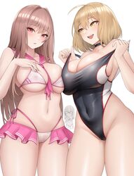  3girls absurdres ahoge anis_(nikke) anis_(nikke)_(cosplay) anis_(sparkling_summer)_(nikke) asymmetrical_docking between_breasts bikini bikini_skirt black_choker black_one-piece_swimsuit blush breast_press breasts brown_hair choker cleavage commentary competition_swimsuit cosplay costume_switch covered_navel cowboy_shot glasses goddess_of_victory:_nikke hair_intakes highleg highleg_swimsuit highres kurone_rinka large_breasts light_brown_hair long_hair looking_at_another looking_at_viewer multi-strapped_bikini_bottom multi-strapped_bikini_top multiple_girls navel necktie necktie_between_breasts neon_(blue_ocean)_(nikke) neon_(nikke) neon_(nikke)_(cosplay) official_alternate_costume one-piece_swimsuit open_mouth parted_lips pink_necktie rapi_(classic_vacation)_(nikke) rapi_(nikke) rapi_(nikke)_(cosplay) red_eyes sailor_collar short_hair side-tie_bikini_bottom sideboob simple_background skindentation smile standing stomach straight_hair string_bikini swimsuit thighs underboob white_background white_bikini yellow_eyes 