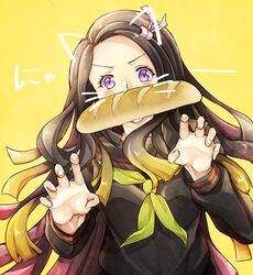  animal_ears black_hair black_sailor_collar black_serafuku black_shirt blonde_hair bread cat_ears collared_shirt drawn_ears drawn_whiskers face_filter female floating_hair food gradient_hair green_neckerchief highres kamado_nezuko kimetsu_gakuen kimetsu_no_yaiba long_hair long_sleeves looking_at_viewer multicolored_hair neckerchief purple_eyes red_hair sailor_collar sailor_shirt school_uniform serafuku shirt simple_background solo upper_body uri_1222 very_long_hair whiskers yellow_background yellow_neckerchief 