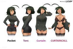  ahoge artist_name black_bra black_hair black_legwear black_panties black_shirt black_skirt blush bra breasts brown_eyes cleavage collared_shirt commentary curtain_call_challenge_(meme) dark-skinned_female dark_skin english_commentary english_text female flytrapxx half-closed_eyes highres large_breasts liz_(flytrapxx) long_sleeves looking_at_viewer meme mole mole_under_eye multiple_views narrow_waist open_clothes open_mouth open_shirt original panties patreon_logo patreon_username shirt short_hair simple_background skirt smile taut_clothes taut_shirt tented_shirt thighhighs underwear white_background 