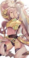  absurdres armor black_thighhighs braid breastplate closed_mouth female fingerless_gloves fire_emblem fire_emblem_awakening fire_emblem_heroes gloves highres holding holding_sword holding_weapon long_hair olivia_(fire_emblem) pink_eyes pink_hair ponytail simple_background solo sou_mei sword thighhighs twin_braids weapon white_background 