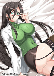  antenna_hair artist_name blush breasts brown_hair covered_navel female garter_straps glasses green_eyes hasegawa_chisato hellandheaven highres impossible_clothes impossible_sweater lab_coat large_breasts long_hair looking_at_viewer mole mole_under_eye patreon_username red-framed_eyewear ribbed_sweater semi-rimless_eyewear shinmai_maou_no_testament skirt solo sweater thighhighs turtleneck under-rim_eyewear 