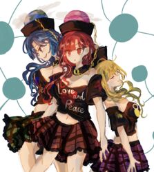  3girls bare_shoulders black_choker black_headwear black_shirt blonde_hair blue_background blue_eyes blue_hair breasts chains choker closed_eyes closed_mouth clothes_writing crop_top cropped_shirt earth_(ornament) gold_chain green_skirt hair_between_eyes heart heart_print hecatia_lapislazuli hecatia_lapislazuli_(earth) hecatia_lapislazuli_(moon) looking_to_the_side medium_breasts medium_hair moon_(ornament) multiple_girls off_shoulder open_mouth pink_headwear plaid plaid_skirt purple_skirt red_eyes red_hair red_skirt shirt short_sleeves skirt smile standing t-shirt touhou white_background zabuton_(mgdw5574) 