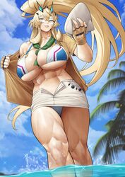  abs absurdres bare_shoulders barghest_(fate) barghest_(swimsuit_archer)_(fate) barghest_(swimsuit_archer)_(final_ascension)_(fate) barghest_(swimsuit_archer)_(first_ascension)_(fate) bikini blonde_hair blue_sky breasts cleavage collarbone fate/grand_order fate_(series) female fingerless_gloves gloves green_eyes grey_hat grey_skirt grin hat high_ponytail highres huge_breasts long_hair looking_at_viewer miniskirt multicolored_bikini multicolored_clothes muscular muscular_female navel neckerchief ocean open_clothes open_shirt palm_tree pencil_skirt shirt short_sleeves sidelocks skindentation skirt sky smile solo swimsuit thick_thighs thighs tied_shirt tree unworn_hat unworn_headwear very_long_hair wading white_bikini yellow_gloves yellow_shirt yoshio_(55level) 