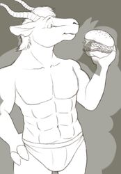  2022 abs antelope anthro bovid burger clothing dennis_(fattydragonite) digital_drawing_(artwork) digital_media_(artwork) dragontzin food grey_background hand_on_hip hi_res male mammal monochrome muscular silhouette simple_background solo underwear 