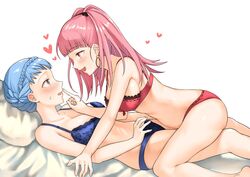  2girls bed blue_hair blush bra braid commentary_request crown_braid fire_emblem fire_emblem:_three_houses from_side fukuroumori highres hilda_valentine_goneril lingerie long_hair lying marianne_von_edmund multiple_girls on_back open_mouth panties pillow pink_eyes pink_hair ponytail simple_background underwear white_background yuri 