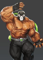  1boy abs absurdres armpits bane bara batman batman_(series) belt biceps dark-skinned_male dark_skin dc_comics gloves highres korean_commentary large_pectorals looking_at_viewer male_focus manly mask mature_male muscular muscular_male nipples pants pectorals red_eyes solo thick_arms thick_thighs thighs topless_male traver009 tube veins veiny_arms 