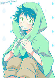  1boy boku_no_hero_academia freckles green_eyes green_hair grin hood hood_up looking_at_viewer male_focus midoriya_izuku patterned_background raised_eyebrows sitting smile solo twitter_username ume_(326310) water_drop white_background 