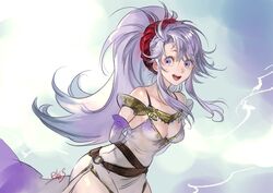  :d armband arms_behind_back bare_shoulders belt breasts cleavage cloud cloudy_sky commentary_request detached_sleeves dress eyebrows_hidden_by_hair female fire_emblem fire_emblem:_genealogy_of_the_holy_war highres impossible_clothes leaning_forward light_purple_hair lightning long_hair looking_at_viewer medium_breasts open_mouth ponytail purple_eyes sidelocks signature sky smile solo suzuki_rika tailtiu_(fire_emblem) teeth thighs upper_body upper_teeth_only very_long_hair 