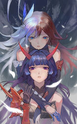  2girls absurdres armor bare_shoulders bella_(honkai_impact) black_gloves black_leotard black_sleeves blue_eyes breasts cleavage commentary_request elbow_gloves feathers fingerless_gloves gloves highres honkai_(series) honkai_impact_3rd horns japanese_armor leotard long_hair looking_at_viewer multicolored_hair multiple_girls parted_lips purple_eyes purple_hair raiden_mei raiden_mei_(herrscher_of_thunder) red_hair two-tone_hair white_hair world_(1257843324) 