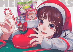  absurdres bell boots brown_hair candy candy_cane christmas female food hat highres looking_at_viewer merry_christmas original red_eyes red_footwear red_nails ritao_kamo santa_hat signature upper_body 