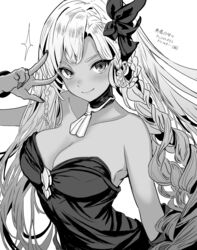  absurdres bare_shoulders blush braid breasts cleavage closed_mouth collarbone commentary_request dark-skinned_female dark_skin dress female fingernails granblue_fantasy greyscale hair_ribbon helel_ben_shalem highres long_fingernails long_hair looking_at_viewer medium_breasts metsu_end monochrome ribbon sharp_fingernails simple_background smile solo tan translation_request w white_background 