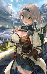  :d absurdres backpack bag blue_hairband blue_shorts braid breasts bridal_gauntlets cleavage cowboy_shot dan&#039;in-san_(shirogane_noel) day female flask flower green_eyes grey_hair hair_between_eyes hair_flower hair_ornament hairband highres hololive large_breasts long_sleeves looking_at_viewer outdoors shirogane_noel shirogane_noel_(1st_costume) shirt short_hair short_shorts shorts smile snarkhunt solo standing sweat virtual_youtuber wavy_hair white_flower white_shirt 