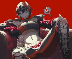  armchair black_hair black_jacket black_nails black_pants black_sports_bra blue_eyes breasts chains chair cross-laced_pants cup demon_girl demon_horns demon_tail ear_chain ear_piercing female fingernails grimon12 hand_on_own_knee highres holding holding_cup horns jacket large_breasts long_sleeves looking_at_viewer multicolored_hair nanashi_inc. navel open_clothes open_jacket open_mouth pants piercing pointy_ears red_background red_hair red_pants red_sports_bra ryugasaki_rene ryugasaki_rene_(1st_costume) short_hair solo sports_bra tail two-tone_hair two-tone_pants two-tone_sports_bra underboob virtual_youtuber 