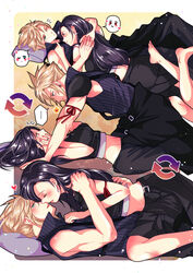  1boy :&gt; ^^^ apron arm_ribbon babigonice bare_shoulders barefoot black_apron black_hair black_pants black_shorts black_vest blonde_hair blue_eyes blush blush_stickers border boy_on_top breasts closed_mouth cloud_strife commentary couple cowgirl_position crop_top earrings english_commentary eye_contact female final_fantasy final_fantasy_vii final_fantasy_vii_advent_children from_side glint hand_on_another&#039;s_back hand_on_another&#039;s_chin hand_on_another&#039;s_shoulder hand_on_own_face heart highres hug imminent_kiss jewelry legs_up long_hair looking_at_another looking_at_viewer lying lying_on_person medium_breasts midriff navel on_back on_stomach one_eye_closed outside_border pants pillow popped_collar profile red_eyes red_ribbon ribbed_shirt ribbon ring shirt shorts single_earring single_shoulder_pad sitting sitting_on_lap sitting_on_person sleeveless sleeveless_shirt smile speech_bubble spiked_hair straight stud_earrings surprised tank_top tifa_lockhart vest waist_apron white_border white_tank_top yukadon 