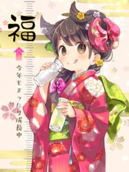  :q arrow_(symbol) black_hair bottle bow brown_eyes chinese_zodiac closed_mouth commentary_request egasumi eyebrows_hidden_by_hair female floral_print hair_horns hairbow highres holding holding_bottle japanese_clothes kimono kuga_tsukasa long_sleeves looking_at_viewer milk milk_bottle milk_mustache obi original print_kimono red_bow red_kimono sash sleeves_past_wrists smile solo tongue tongue_out translated wide_sleeves year_of_the_ox 