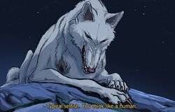  brown_eyes canid canine canis claws dialogue digital_media_(artwork) english_text female feral fur ghibli head_down healed_bullet_wound hi_res mammal mononoke_hime moro-no-kimi moro-no-mori multi_tail night open_mouth outside paws purple_nose rock scar simple_background sky snarling solo star starry_sky tail teeth text translated whiskers white_body white_fur wolf wounded 