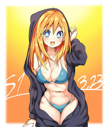  :d alternate_costume alternate_hairstyle bikini bikini_under_clothes black_cloak blue_bikini blue_eyes blush breasts cleavage cloak female groin hair_down hand_up happy highres hood kurozero leaning_forward long_hair looking_at_viewer medium_breasts navel neptune_(series) open_cloak open_clothes orange_hair orange_heart_(neptunia) power_symbol power_symbol-shaped_pupils shin_jigen_game_neptune_vii smile solo swimsuit symbol-shaped_pupils very_long_hair 