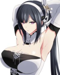  armpits arms_behind_head arms_up azur_lane black_hair breasts chen_hai_(azur_lane) cleavage elbow_gloves female gloves hairband large_breasts long_hair looking_at_viewer makiri_akira ponytail purple_eyes simple_background solo upper_body white_background white_gloves white_hairband 