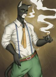  absurd_res anthro belt black_body black_fur blacksad cigarette clothed clothing detective domestic_cat felid feline felis fur green_eyes hi_res john_blacksad looking_at_viewer male mammal necktie pistacho simple_background smoke smoke_from_mouth solo suit topwear 