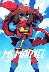  absurdres animification blue_footwear blue_sky boots bracer brown_hair character_name cloud crossed_arms dark-skinned_female dark_skin female gunbuster_pose highres kamala_khan looking_at_viewer marvel mask medium_hair ms._marvel rariatto_(ganguri) red_legwear scarf sky smile solo superhero_costume v-shaped_eyebrows 