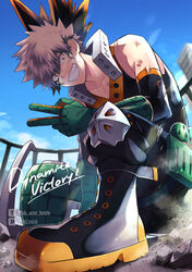  1boy bakugou_katsuki bare_shoulders boku_no_hero_academia boots building collarbone colored_shoe_soles dust english_text explosive fisheye foreground_text foreshortening gloves green_gloves green_hair grenade grin head_tilt highres knee_pads looking_at_viewer male_focus outdoors pixiv_id red_eyes rubble sanpaku sky sleeveless smile spiked_hair torn_clothes torn_sleeves twitter_username ume_(326310) v v-neck watermark 