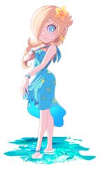  anklet aqua_dress aqua_eyes bad_id bad_twitter_id bare_arms bare_legs bare_shoulders barefoot blonde_hair blush bracelet brown_hair closed_mouth dress earrings female flipped_hair flower from_side full_body hair_flower hair_ornament hair_over_one_eye hand_on_own_chest hoshikuzu_pan jewelry lips long_hair looking_at_viewer mario_(series) mario_kart mario_kart_tour official_alternate_costume rosalina rosalina_(swimwear) simple_background sleeveless sleeveless_dress smile solo standing star_(symbol) star_print swimsuit wading water white_background 