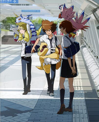  absurd_res adolescent agumon anthro bandai_namco biyomon bottomwear brown_hair clothing digimon digimon_(species) digimon_adventure fangs female gabumon group hair hi_res hug human male mammal matt_ishida official_art school_uniform short_hair skirt smile sora_takenouchi taichi_kamiya teeth uniform young young_female young_human young_male 