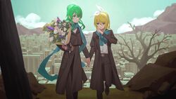  2girls bare_tree black_coat black_jacket black_pants black_skirt blonde_hair blue_eyes blue_scarf bouquet bow bow_hairband cityscape coat commentary flower green_eyes green_hair gumi hairband hairbow highres holding holding_bouquet holding_hands jacket kagamine_rin medium_hair mountainous_horizon multiple_girls outdoors pants pink_flower purple_flower scarf shirt short_hair skirt standing sweat tree valley vocaloid walking white_bow white_flower white_shirt wounds404 