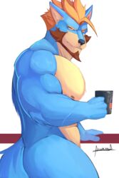  abs adrovmike anthro beverage biceps canid canine canis coffee digital_media_(artwork) digital_painting_(artwork) hair hi_res male mammal muscular muscular_male mythological_canine mythological_creature mythology nipples nude pecs simple_background solo were werecanid werecanine werewolf wolf 