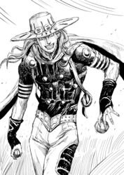  1boy ball cape facial_mark fingernails goggles goggles_on_headwear greyscale grin gyro_zeppeli hat highres holding holding_ball jojo_no_kimyou_na_bouken long_hair looking_at_viewer male_focus monochrome pants shirt smile solo standing steel_ball_(jojo) steel_ball_run wide-eyed y_naf 