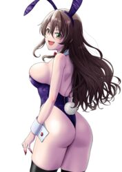  animal_ears ashigara_(kancolle) ass breasts brown_eyes brown_hair cowboy_shot detached_collar fake_animal_ears fake_tail female hair_between_eyes highres kantai_collection large_breasts leotard long_hair mikan_29344886 oerba_yun_fang open_mouth playboy_bunny purple_leotard rabbit_ears rabbit_tail simple_background smile solo strapless strapless_leotard tail white_background wrist_cuffs 