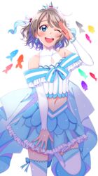  ;d absurdres bare_shoulders blue_eyes blush collarbone crop_top earrings female fish frills grey_hair hair_ornament highres jewelry koi_ni_naritai_aquarium looking_at_viewer love_live! love_live!_sunshine!! medium_hair navel off_shoulder ojyomu one_eye_closed open_mouth salute simple_background smile solo thighhighs watanabe_you white_background zettai_ryouiki 