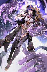  absurdres armor breasts electricity female fingerless_gloves full_body genshin_impact gloves highres leotard long_hair mechanical_hands mole mole_under_eye multiple_hands neekosiah official_alternate_costume purple_eyes purple_hair raiden_shogun raiden_shogun_(magatsu_mitake_narukami_no_mikoto) solo thighhighs 