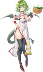  alternate_costume alternate_eye_color bad_id bad_pixiv_id black_thighhighs blush breasts china_dress chinese_clothes cleavage cleavage_cutout clothing_cutout covered_navel draco_centauros dragon_girl dragon_horns dragon_tail dragon_wings dress female green_eyes green_hair green_tail highres horns large_breasts looking_at_viewer oerba_yun_fang one_eye_closed open_mouth pointy_ears puyopuyo red_footwear short_hair short_sleeves smile solo tail thighhighs white_dress wings yui_(msy1302mana) 