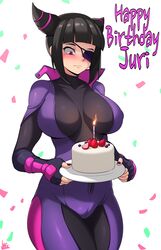  birthday birthday_cake black_bodysuit black_hair blush bodysuit breasts cake character_name commentary confetti cowboy_shot dessert english_commentary english_text expressionless eyepatch female fingerless_gloves food fruit gloves hair_horns happy_birthday highres holding holding_plate jmg juri_han large_breasts looking_down one-eyed pink_eyes plate purple_bodysuit purple_nails sidelocks solo standing strawberry street_fighter street_fighter_v thighs white_background 