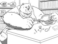  2022 4:3 anthro bear ben_bigger boat bookshelf clothed clothing detailed_background furniture hi_res hon55728 humanoid_hands inside kemono male mammal mihoyo miniature_model miniatures monochrome overweight overweight_male scar sitting solo vehicle watercraft zenless_zone_zero 