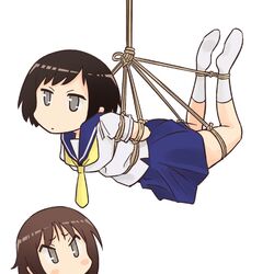  2girls afunai arms_behind_back blush_stickers bondage bound brown_hair commentary_request from_side grey_eyes hasegawa_fumi highres multiple_girls no_shoes okano_kei rope school_uniform serafuku short_hair socks unamused yuyushiki yuyushiki&#039;s_school_uniform 