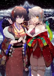  2girls ;d animal_ears arrow_(projectile) breasts brown_eyes brown_hair building character_request cleavage closed_mouth collarbone commentary_request floral_print fur_collar grey_hair hamaya highres holding holding_arrow iron_saga japanese_clothes kimono long_sleeves medium_breasts multiple_girls night night_sky obi off_shoulder one_eye_closed open_clothes open_mouth outdoors pink_kimono purple_eyes red_kimono sash short_kimono sky smile snowing tail tail_raised thighhighs white_legwear wide_sleeves yadapot 