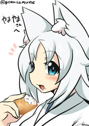  absurdres animal_ears blue_eyes commentary_request commission female food food_on_face fox_ears goma_(gomasamune) highres holding holding_food inarizushi looking_at_viewer oerba_yun_fang open_mouth original pixiv_commission rice short_hair solo sushi translation_request twitter_username upper_body white_hair 