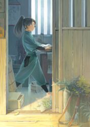  1boy architecture arm_guards bamboo_screen basket black_hair book book_stack bucket day drawing_(object) drying east_asian_architecture from_outside from_side herb highres holding japanese_clothes leaf long_hair long_sleeves looking_at_viewer looking_to_the_side male_focus mememe225 open_door pants ponytail rakudai_ninja_rantarou shin_guards sidelocks sliding_doors smile solo towel walking window wooden_bucket wooden_floor zenpouji_isaku 