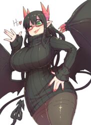  absurdres black_hair black_sweater black_tail black_wings breasts commentary curvy demon_girl demon_horns demon_tail demon_wings dress english_text female glasses green_eyes heart highres horns huge_breasts long_hair merii_(mazohaha) musuko_ga_kawaikute_shikatanai_mazoku_no_hahaoya one_eye_closed pantyhose pointy_ears red-framed_eyewear red_horns ribbed_sweater sweater sweater_dress tail thick_thighs thighs tongue white_background wings zyugoya 