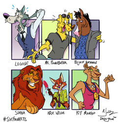  2020 animalympics anthro beastars bodily_fluids bojack_horseman bojack_horseman_(character) canid canine canis clothed clothing crossover disney dodgyrom domestic_dog equid equine felid female feral fox fur grey_body grey_fur group horse kit_mambo legoshi_(beastars) lion male mammal meme mr._peanutbutter netflix nick_wilde pantherine red_fox simba_(the_lion_king) six_fanarts_challenge the_lion_king true_fox wolf zootopia 