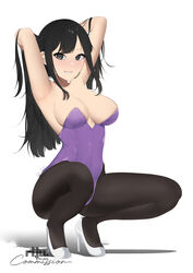  absurdres armpits arms_behind_head black_hair black_pantyhose breasts cleavage commission female high_heels highres long_hair original pantyhose playboy_bunny rizu_pann solo squatting 